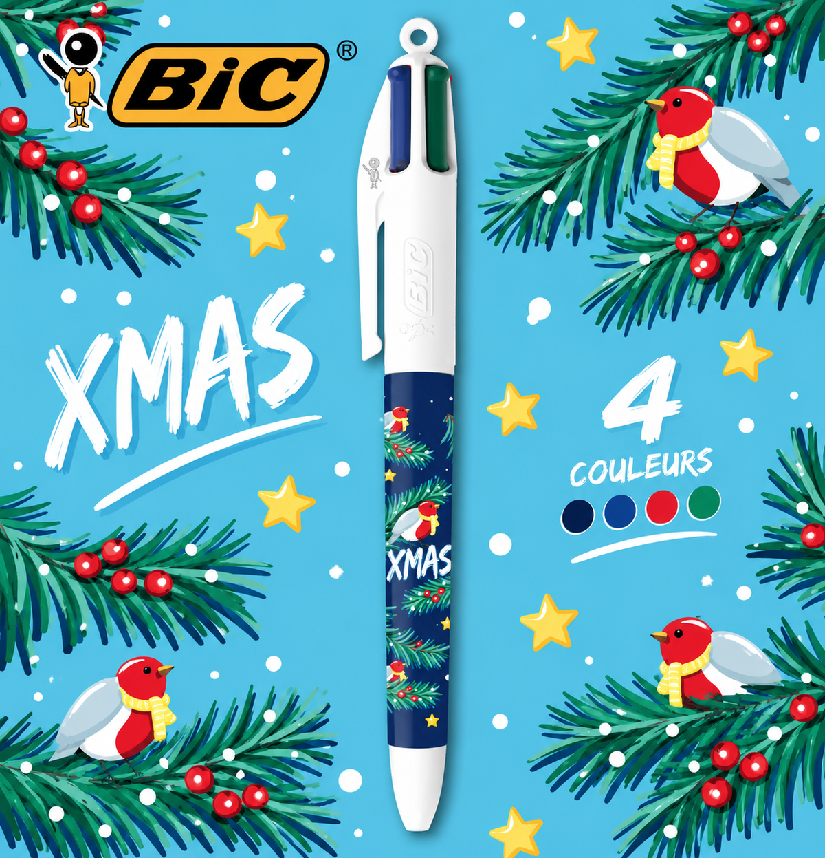 BIC 4 Couleurs avec stylos blancs, rouge et bleu ciel