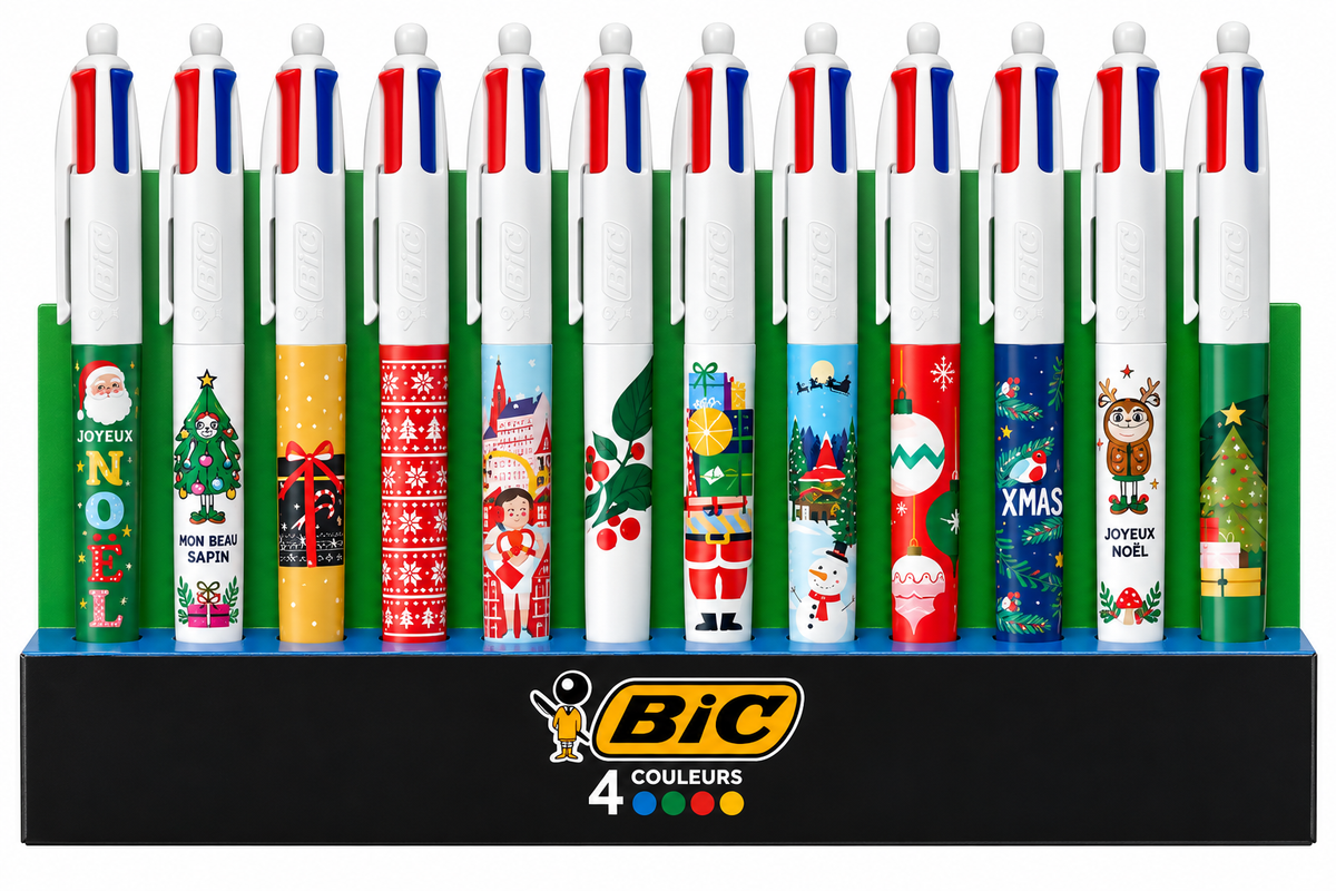 Collection de stylos BIC 4 Couleurs aux motifs festifs de Noël