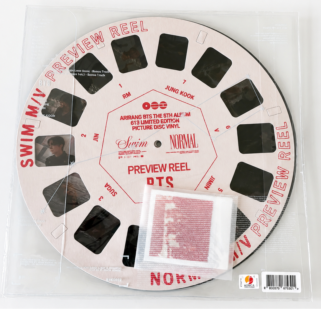 Face B – Preview Reel (revers blanc avec miniatures membres) : BTS ARIRANG 613 Limited Edition Picture Disc Vinyl – face B Preview Reel – RM Jin Suga J-Hope Jimin V Jung Kook – édition limitée HYBE