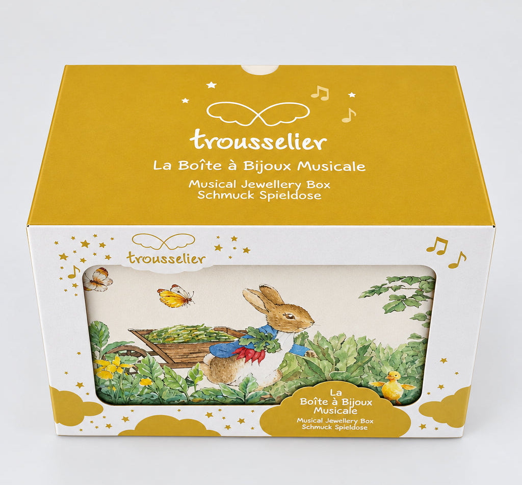 Emballage Trousselier de la boîte à bijoux musicale Peter Rabbit, vu de dessus avec couvercle jaune
