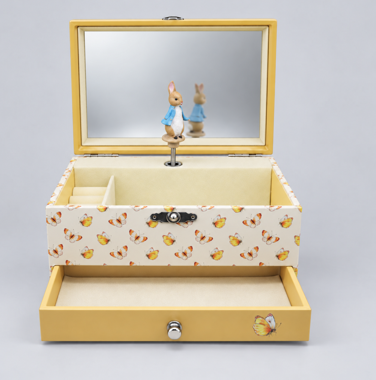 Boîte à bijoux musicale Peter Rabbit Trousselier ouverte, avec miroir, figurine et tiroir ouvert