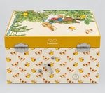 Dos de la boîte à musique Peter Rabbit Trousselier avec clé de remontage, charnières et décor papillons
