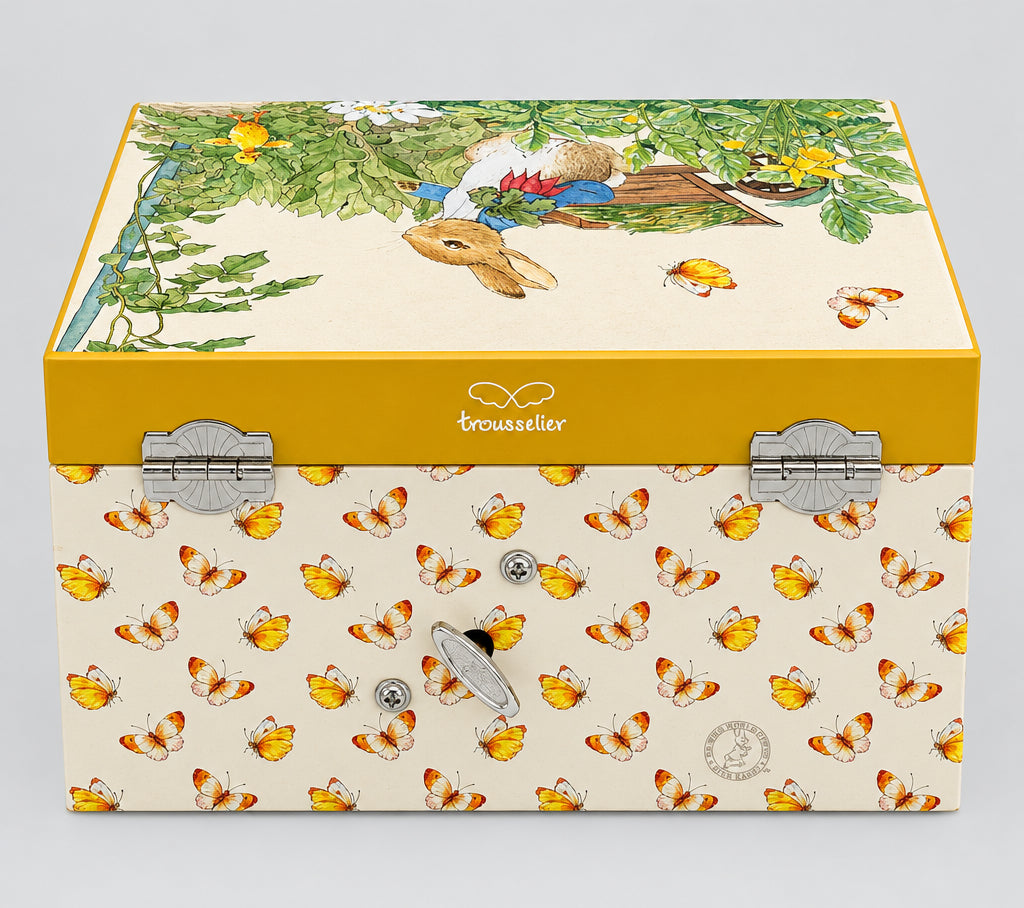 Dos de la boîte à musique Peter Rabbit Trousselier avec clé de remontage, charnières et décor papillons