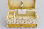 Intérieur de la boîte musicale Peter Rabbit avec figurine, compartiment à bagues et rangement pour bijoux