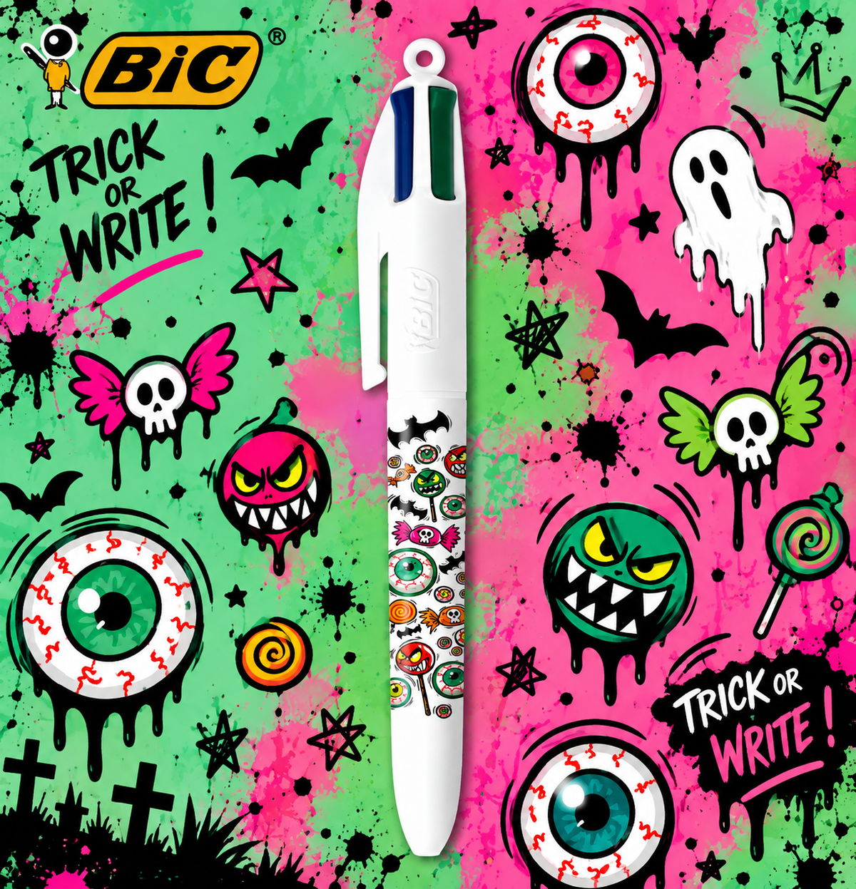 Détail du stylo multicolore BIC Petits Monstres pour Halloween