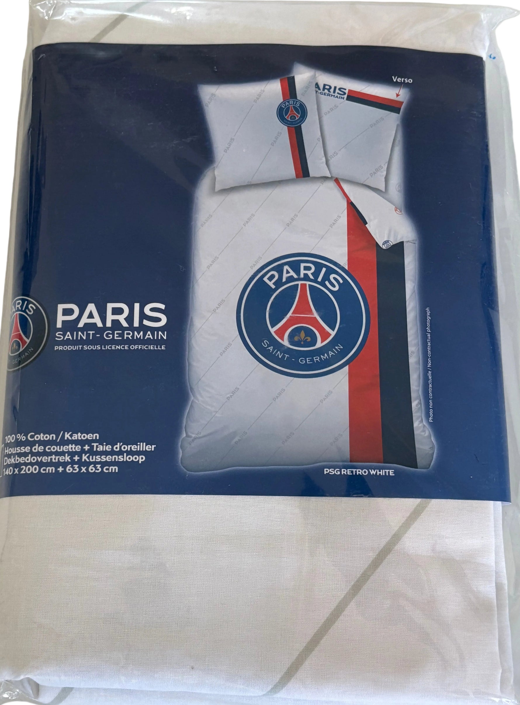 Détail emblème PSG sur parure de lit Rétro Blanc 100% coton | Kadogallerie