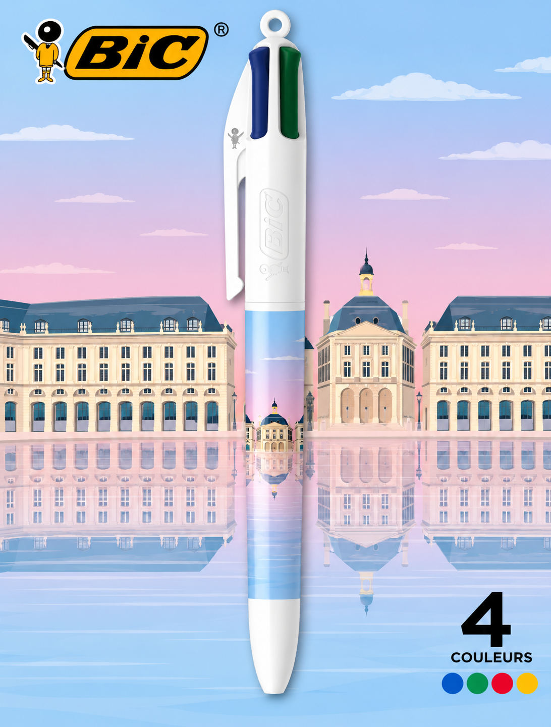 Stylo BIC 4 Couleurs décor Place de la Bourse et Miroir d'Eau à Bordeaux
