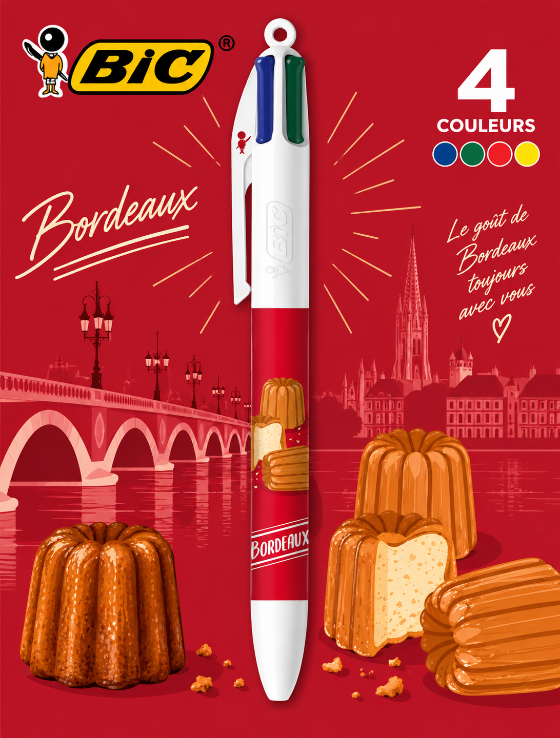 Stylo BIC 4 Couleurs décor canelés de Bordeaux, spécialité sucrée bordelaise