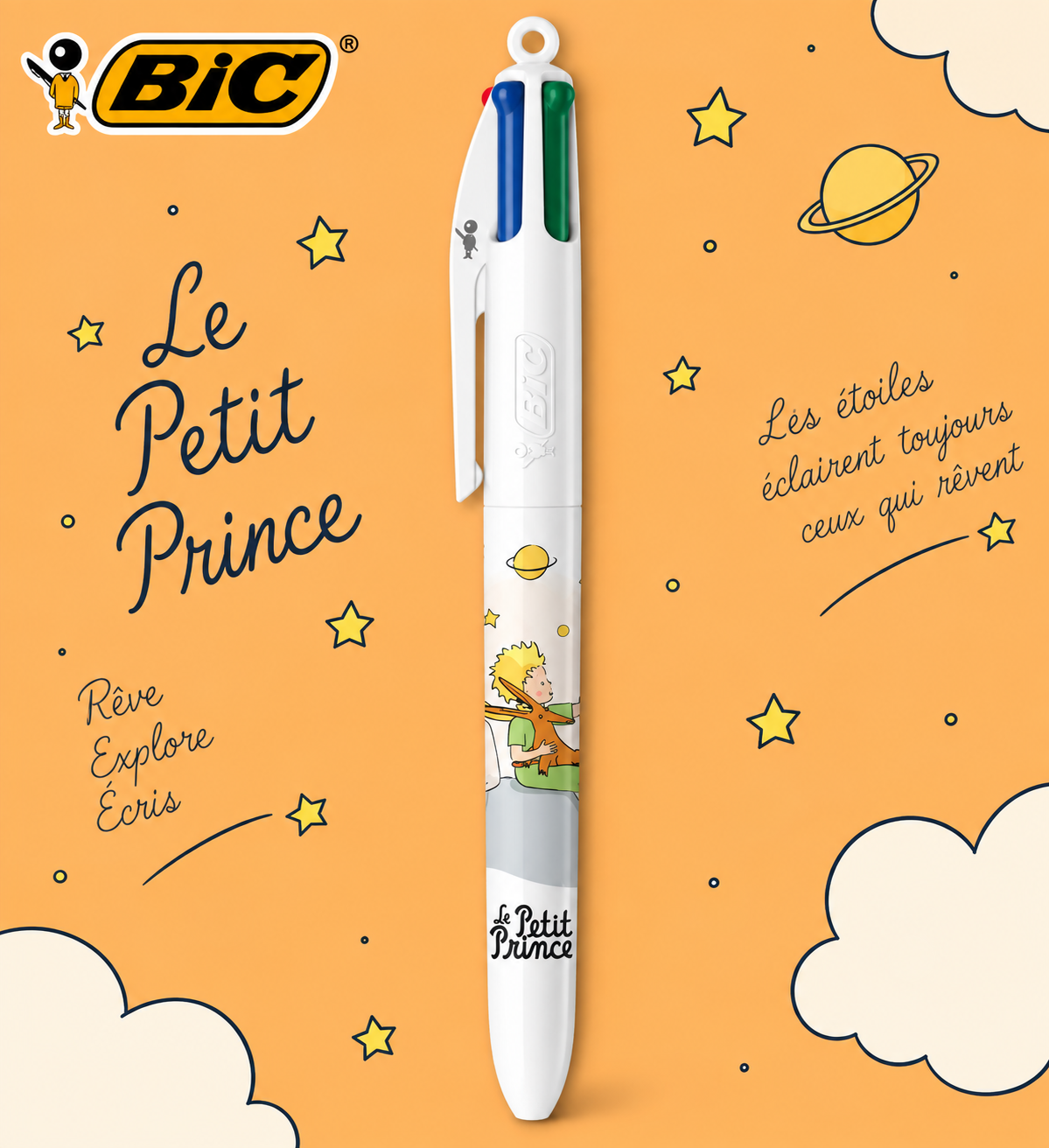 Détail du stylo BIC 4 Couleurs Le Petit Prince et sa planète
