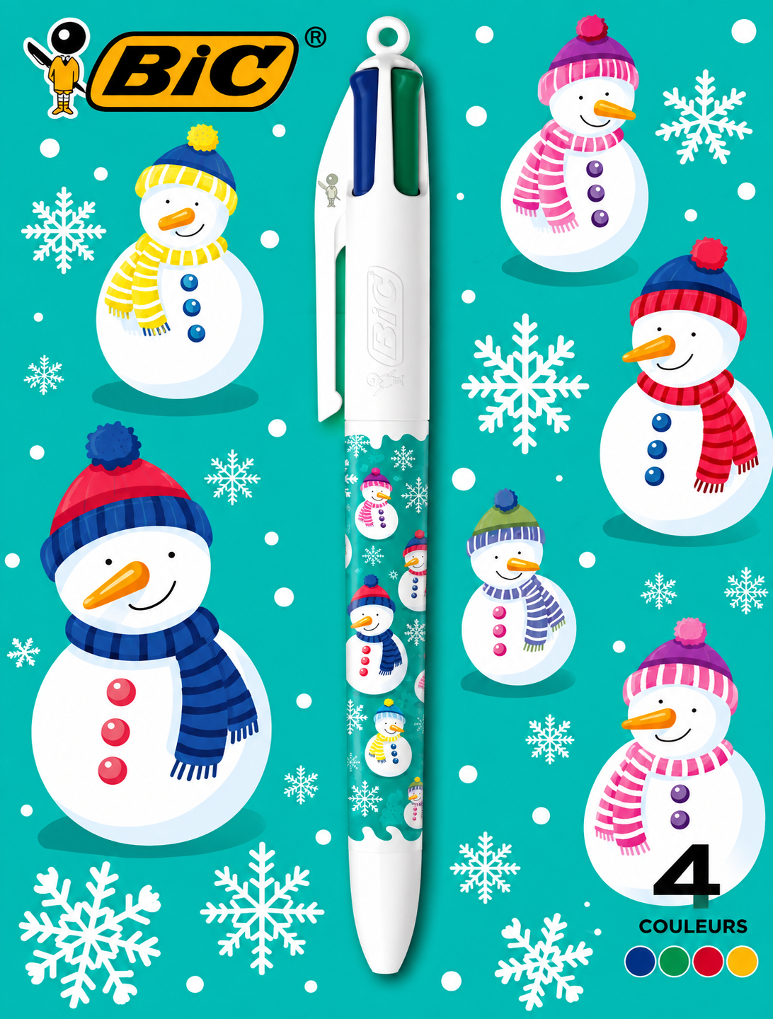 stylos blancs, rouge et bleu ciel neige
